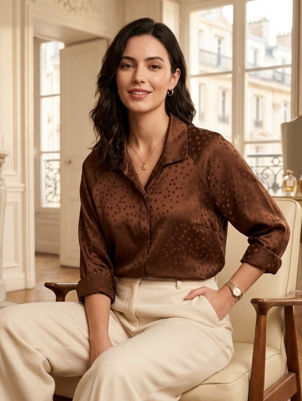 Women’s Satin Button-Up Top in Chocolate Brown
